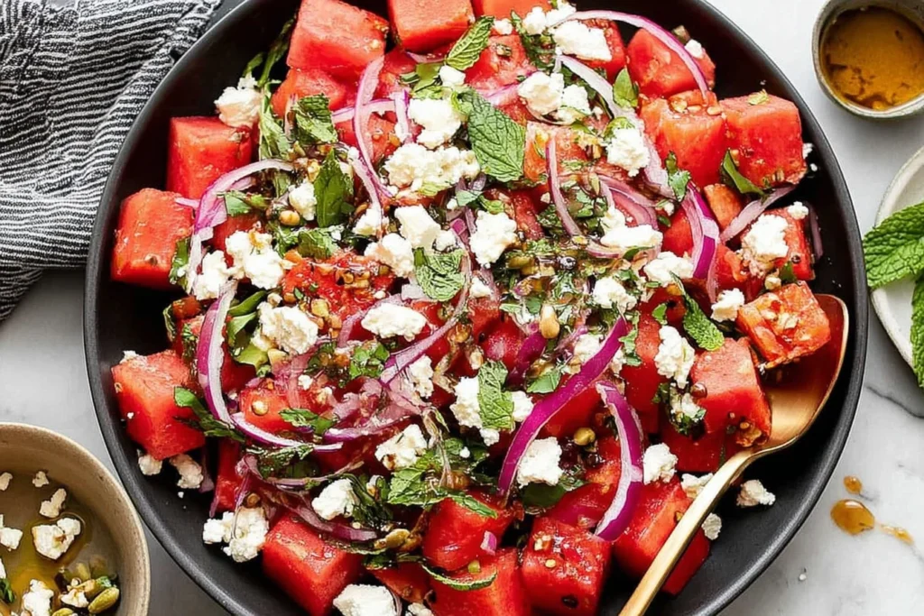 Feta Watermelon Salad with juicy watermelon cubes, crumbled feta, fresh mint, and red onion tossed in a honey-balsamic dressing in a black bowl.