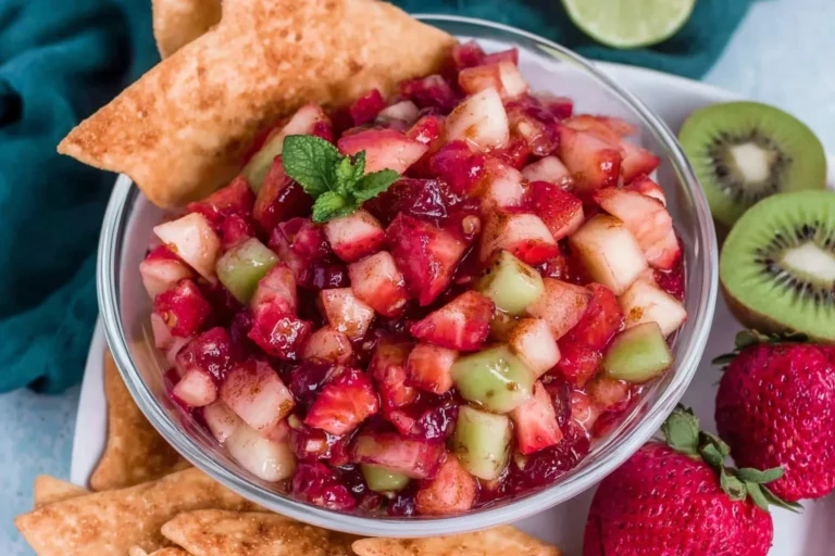 Fruit Salsa with Cinnamon Sugar Tortilla Chips in a bowl with diced strawberries, kiwi, and apples, served with crispy cinnamon-sugar tortilla wedges.