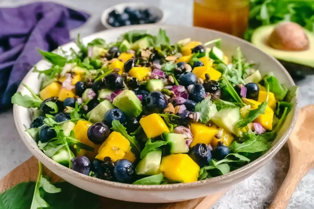 Mango Cucumber Salad with blueberries, avocado, arugula, red onion, and crunchy seeds in a bowl with cilantro lime vinaigrette.