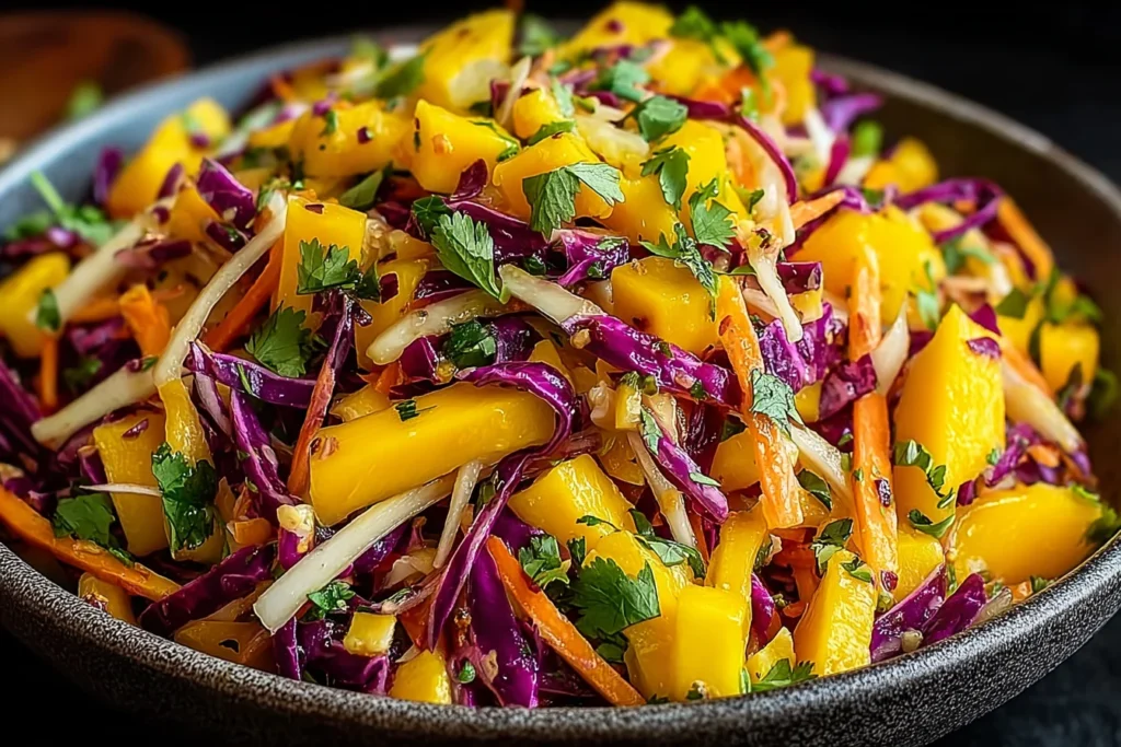 Vibrant Mango Slaw with juicy mango chunks, shredded purple cabbage, carrots, and cilantro in a zesty lime dressing.