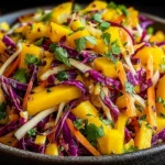 Vibrant Mango Slaw with juicy mango chunks, shredded purple cabbage, carrots, and cilantro in a zesty lime dressing.