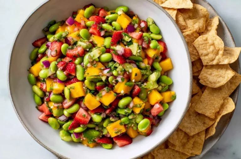 Mango Strawberry Avocado Edamame Salsa in a bowl with tortilla chips—fresh, sweet, zesty, and colorful summer salsa.