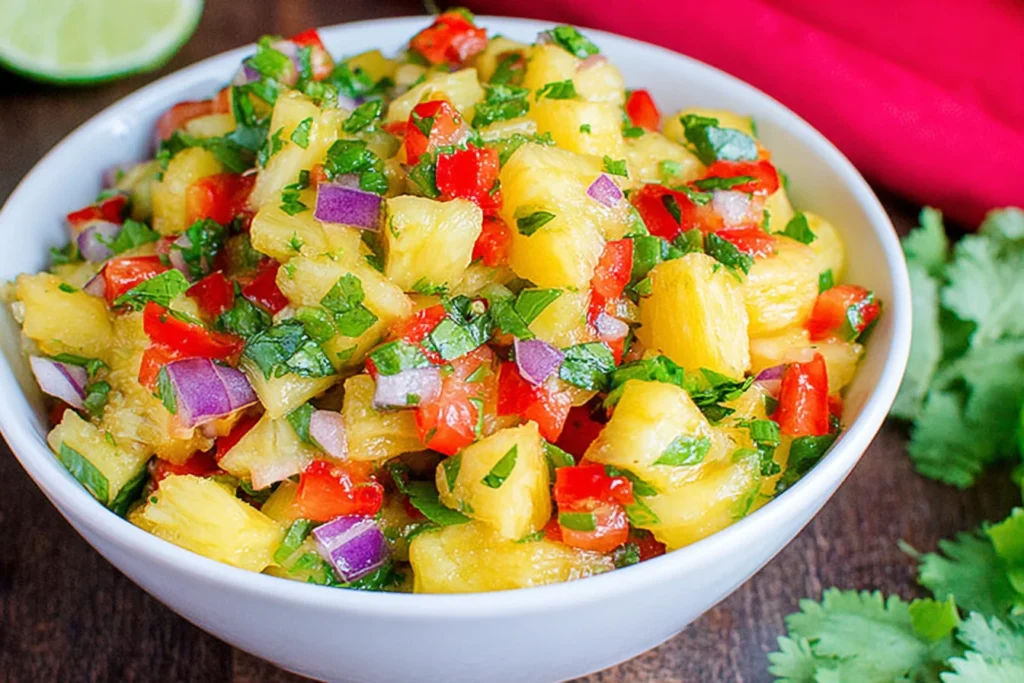 Pineapple Pico de Gallo in a white bowl with fresh pineapple, red bell pepper, red onion, cilantro, jalapeño, and lime.