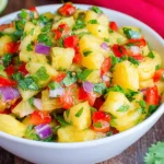 Pineapple Pico de Gallo in a white bowl with fresh pineapple, red bell pepper, red onion, cilantro, jalapeño, and lime.