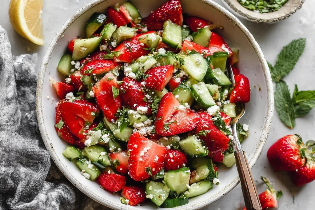 Strawberry Cucumber Salad with feta, basil, mint, and lemon dressing in a bowl