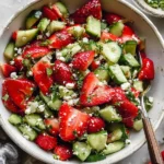 Strawberry Cucumber Salad with feta, basil, mint, and lemon dressing in a bowl