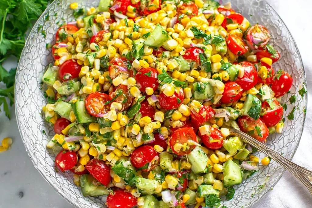 Fresh Corn Salad with juicy cherry tomatoes, crisp cucumber, bell peppers, red onion, cilantro, and Cotija in a zesty lime dressing.