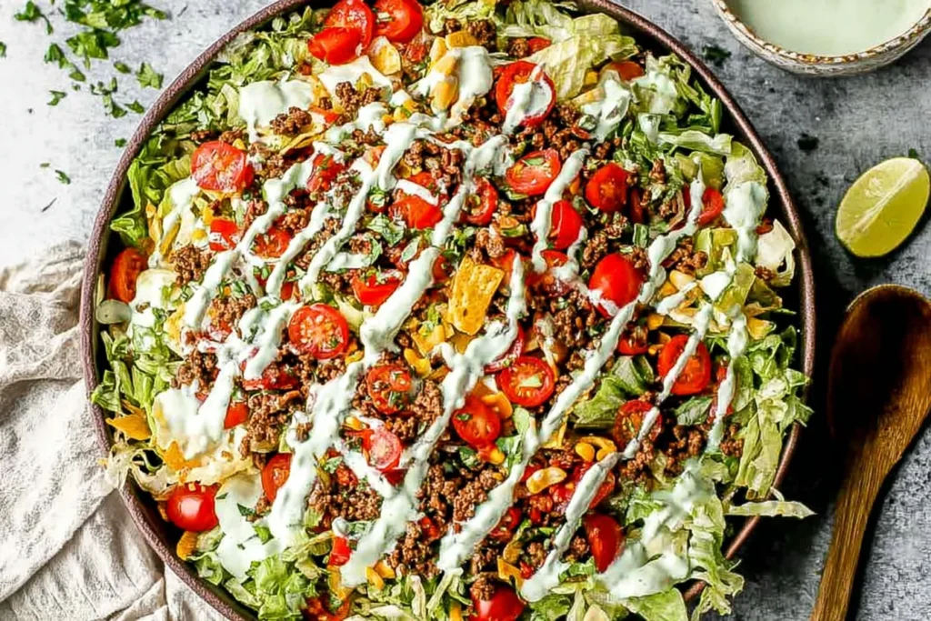 Taco Salad topped with seasoned ground beef, romaine lettuce, cherry tomatoes, crunchy tortilla chips, and creamy cilantro-lime dressing drizzle.