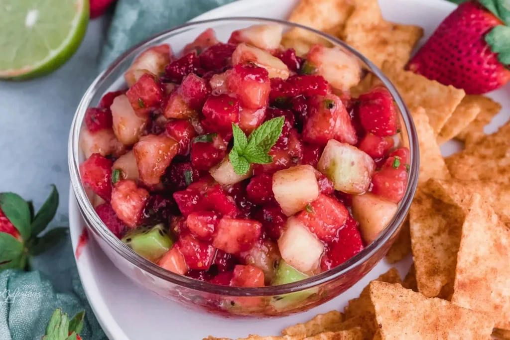 Fruit Salsa with Cinnamon Sugar Tortilla Chips in a glass bowl with diced strawberries, apples, kiwi, and raspberries, garnished with mint and served with cinnamon sugar chips.