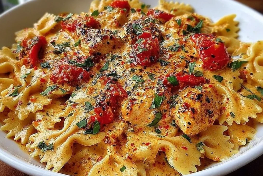 Parmesan Roasted Red Pepper Chicken Bowties in Garlic Cream in a white bowl, with creamy farfalle, tender chicken, roasted red peppers, and basil.