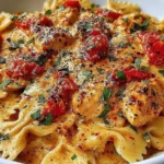 Parmesan Roasted Red Pepper Chicken Bowties in Garlic Cream in a white bowl, with creamy farfalle, tender chicken, roasted red peppers, and basil.
