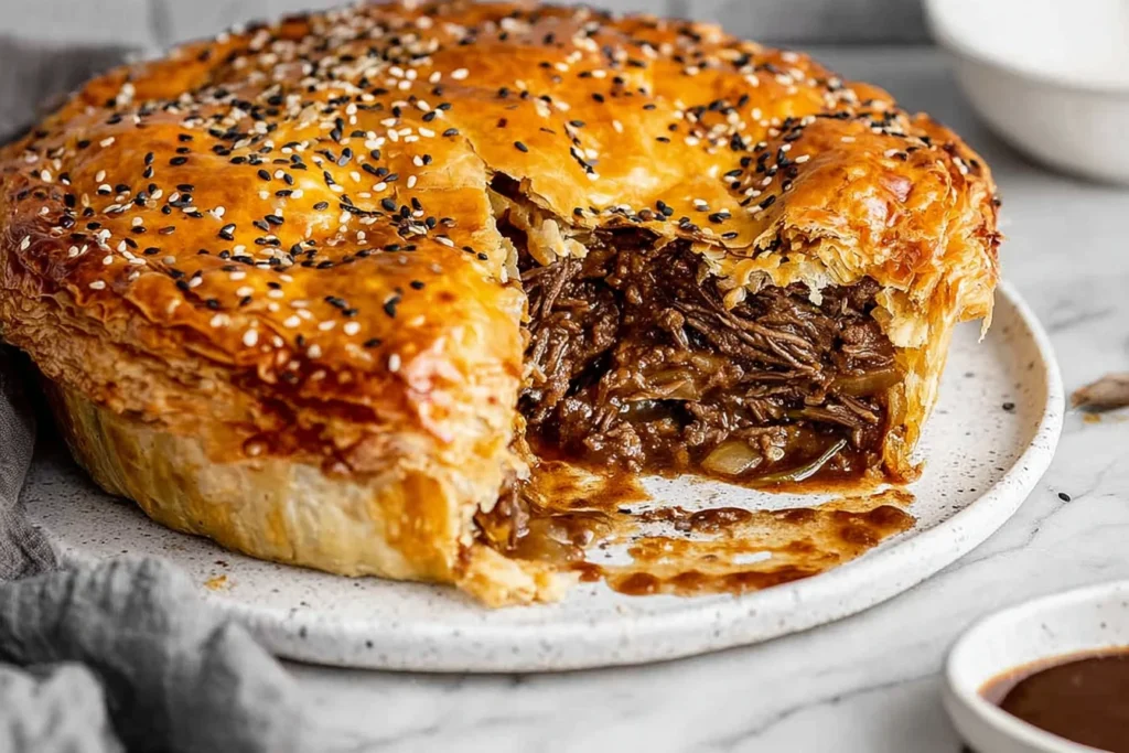 Steak and Onion Meat pie with flaky golden puff pastry, sliced open to show rich beef and onion gravy filling.