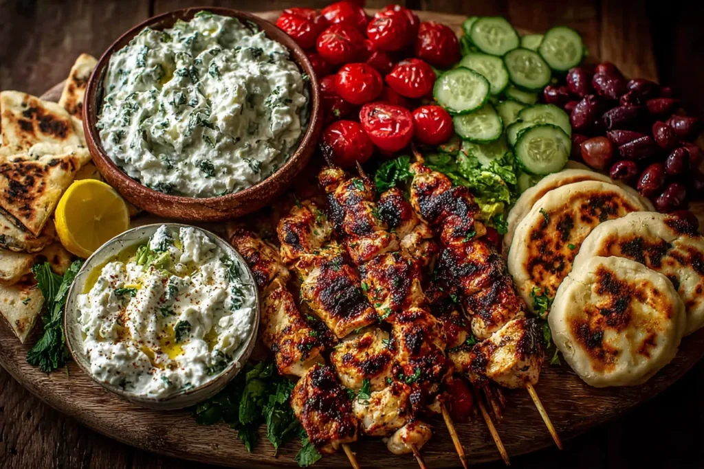 Greek Chicken Souvlaki Grazing Board with Feta Dip with charred chicken skewers, creamy feta dip, pita, cherry tomatoes, cucumbers, and kalamata olives.