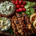 Greek Chicken Souvlaki Grazing Board with Feta Dip with charred chicken skewers, creamy feta dip, pita, cherry tomatoes, cucumbers, and kalamata olives.