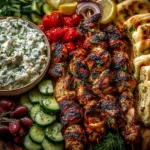Greek Chicken Souvlaki Grazing Board with Feta Dip featuring grilled chicken skewers, warm pita, cucumbers, tomatoes, olives, and creamy feta dip.