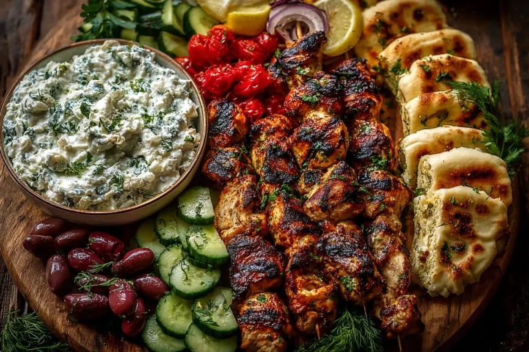 Greek Chicken Souvlaki Grazing Board with Feta Dip featuring grilled chicken skewers, warm pita, cucumbers, tomatoes, olives, and creamy feta dip.