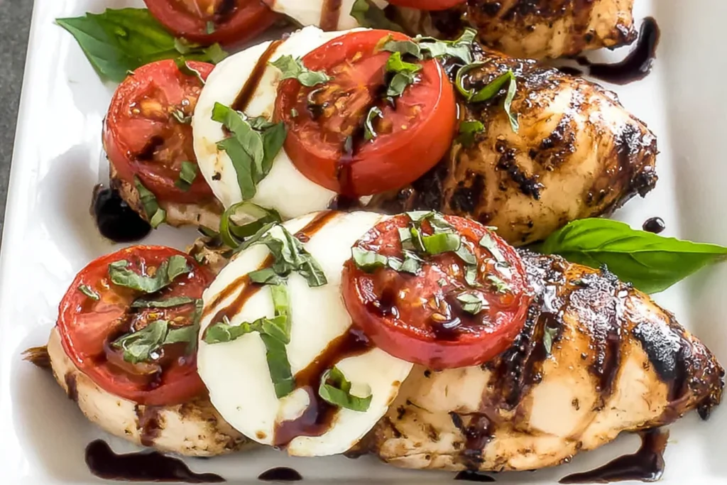Grilled Chicken Caprese with melted fresh mozzarella, sliced tomatoes, basil ribbons, and balsamic glaze drizzled over grilled chicken.