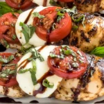 Grilled Chicken Caprese with melted fresh mozzarella, sliced tomatoes, basil ribbons, and balsamic glaze drizzled over grilled chicken.
