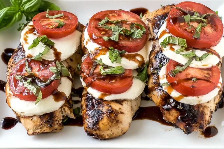 Grilled Chicken Caprese topped with fresh mozzarella, sliced tomatoes, basil, and balsamic glaze on a white platter.