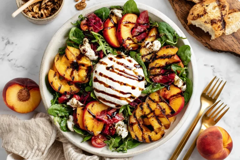 Grilled Peach and Burrata Salad with char-grilled peaches, creamy burrata, mixed greens, cherry tomatoes, walnuts, and balsamic glaze.