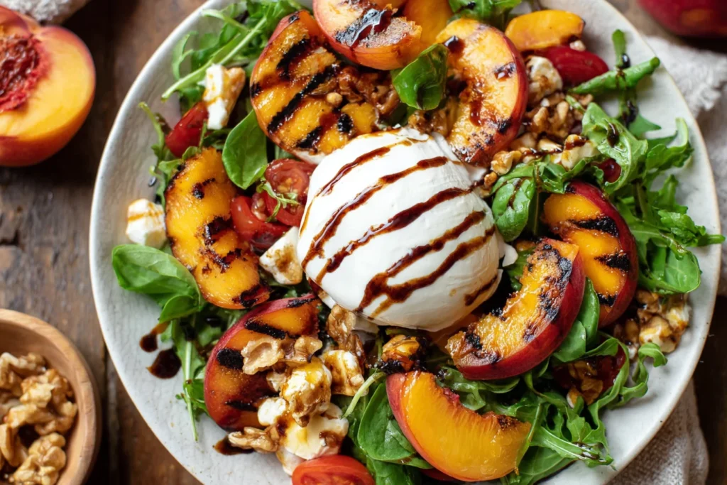 Grilled Peach and Burrata Salad with grilled peach wedges, creamy burrata, arugula, cherry tomatoes, walnuts, and balsamic glaze drizzle.