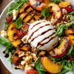 Grilled Peach and Burrata Salad with grilled peach wedges, creamy burrata, arugula, cherry tomatoes, walnuts, and balsamic glaze drizzle.