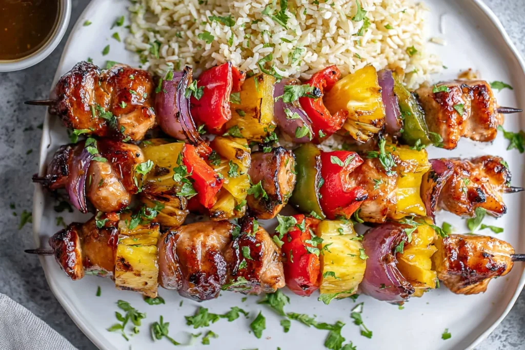 Pineapple Chicken Kabobs with grilled chicken, fresh pineapple, bell peppers, and red onion served with rice and glaze.