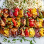 Pineapple Chicken Kabobs with grilled chicken, fresh pineapple, bell peppers, and red onion served with rice and glaze.