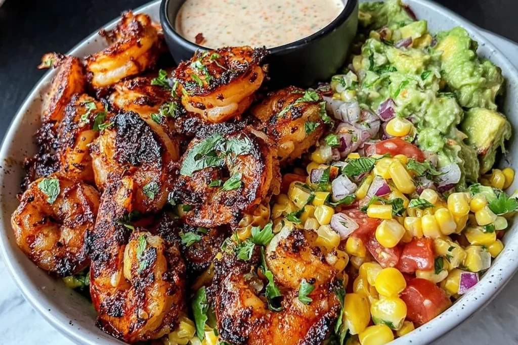 Grilled Shrimp Bowl with Avocado topped with smoky grilled shrimp, fresh corn salsa, and creamy garlic sauce in a hearty lunch bowl.