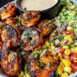 Grilled Shrimp Bowl with Avocado topped with smoky grilled shrimp, fresh corn salsa, and creamy garlic sauce in a hearty lunch bowl.