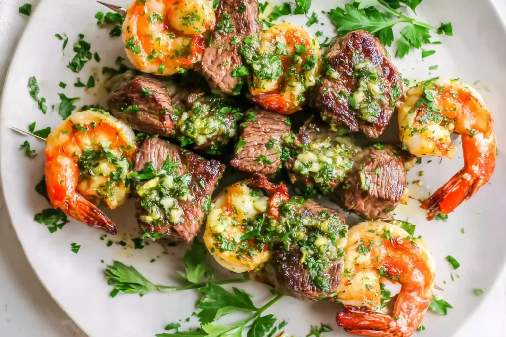 Grilled Steak & Shrimp Kabobs piled on a plate with garlic-parsley butter, juicy steak bites, and tender shrimp for a smoky dinner.