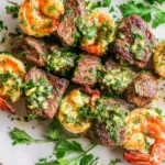 Grilled Steak & Shrimp Kabobs piled on a plate with garlic-parsley butter, juicy steak bites, and tender shrimp for a smoky dinner.