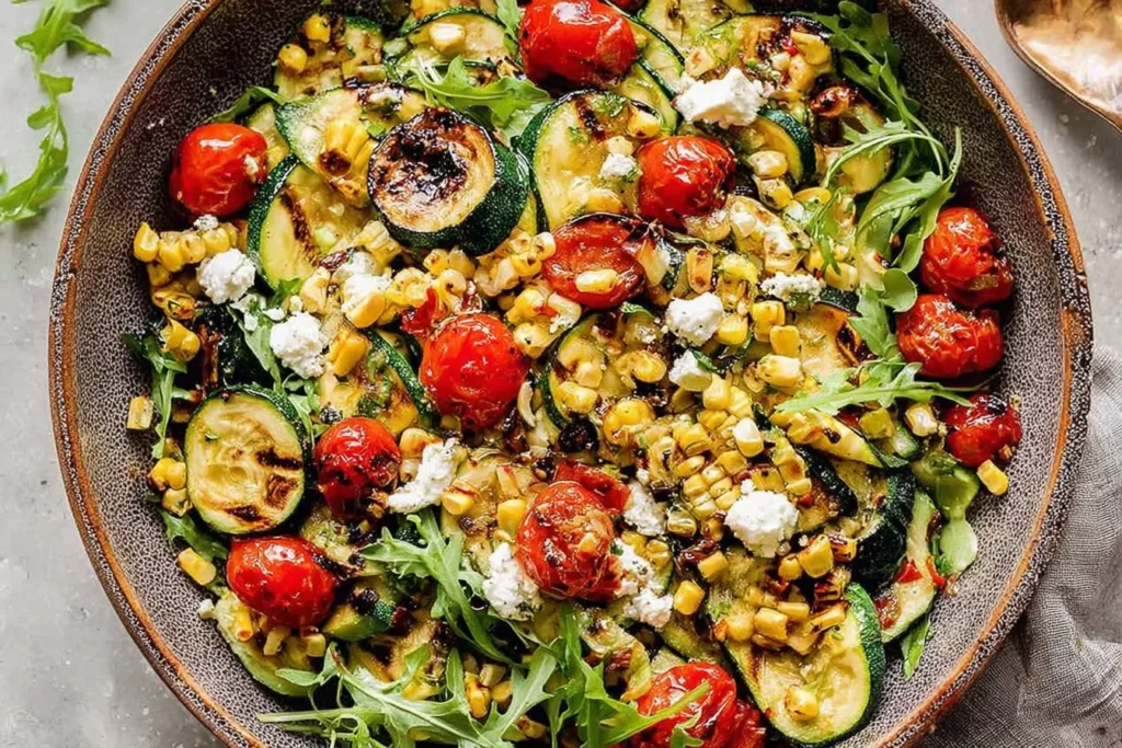 Grilled Zucchini Salad with charred zucchini rounds, blistered cherry tomatoes, grilled corn, arugula, and crumbled goat cheese in a rustic bowl.