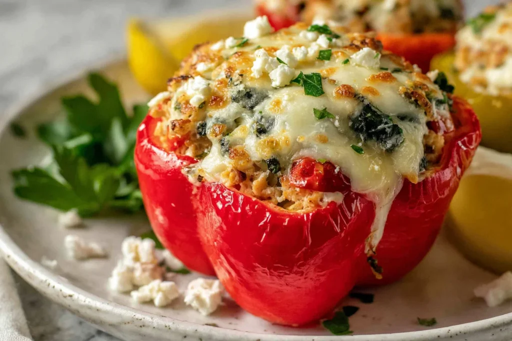 Ground Chicken Greek Stuffed Peppers topped with melted mozzarella, crumbled feta, and parsley, served with lemon wedges.