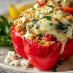 Ground Chicken Greek Stuffed Peppers topped with melted mozzarella, crumbled feta, and parsley, served with lemon wedges.