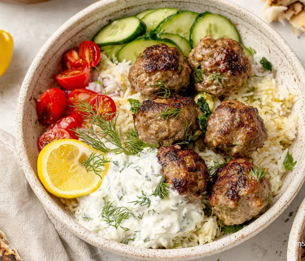 Gyro Bowls with browned meatballs, creamy tzatziki, fluffy lemon rice, sliced cucumbers, cherry tomatoes, fresh dill, and a lemon wedge in a bowl.