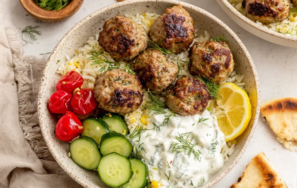 Gyro Bowls with juicy Greek-style meatballs, creamy tzatziki, lemon rice, sliced cucumbers, blistered tomatoes, and fresh dill in a ceramic bowl.