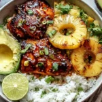 Hawaiian BBQ Chicken rice bowl with sticky glazed grilled chicken, caramelized pineapple rings, avocado, lime, and green onions.