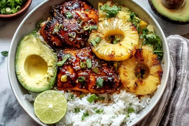 Hawaiian BBQ Chicken rice bowl with sticky glazed grilled chicken, caramelized pineapple rings, avocado, lime, and green onions.