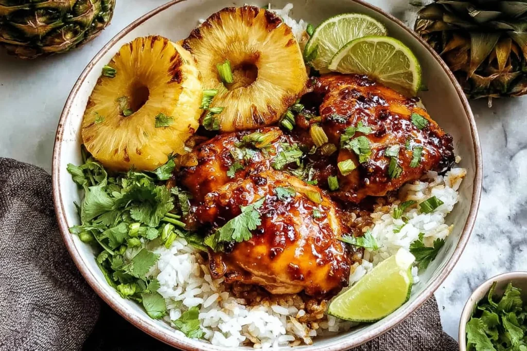 Hawaiian BBQ Chicken bowl with glazed grilled chicken thighs, charred pineapple rings, white rice, fresh cilantro, and lime wedges.