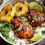 Hawaiian BBQ Chicken bowl with glazed grilled chicken thighs, charred pineapple rings, white rice, fresh cilantro, and lime wedges.