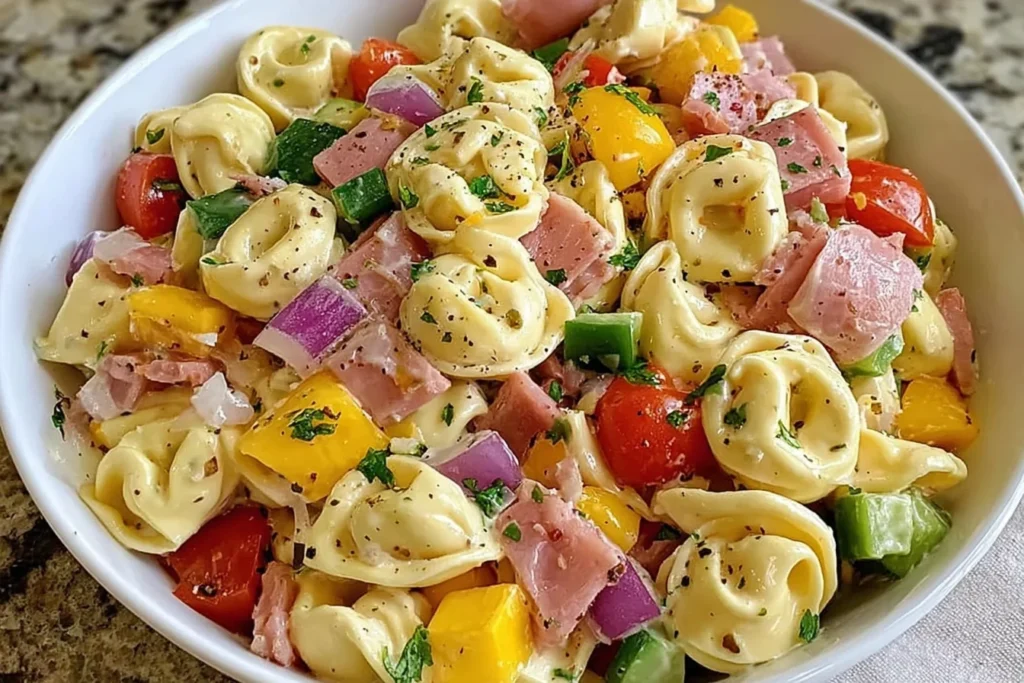 Hawaiian Tortellini Salad in a white bowl with cheese tortellini, ham, pineapple chunks, cherry tomatoes, peppers, and creamy dressing