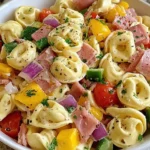 Hawaiian Tortellini Salad in a white bowl with cheese tortellini, ham, pineapple chunks, cherry tomatoes, peppers, and creamy dressing
