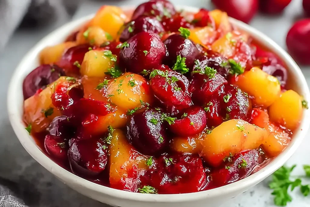 Healthy Peach Cherry Salsa in a white bowl with juicy peaches, cherries, lime, cilantro, and jalapeño, glossy and fresh.