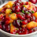 Healthy Peach Cherry Salsa in a white bowl with juicy peaches, cherries, lime, cilantro, and jalapeño, glossy and fresh.