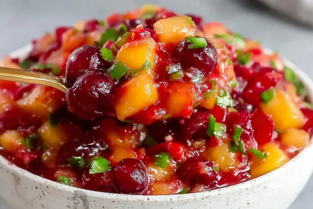 Spoonful of Healthy Peach Cherry Salsa with diced peaches, cherries, cilantro, and lime—sweet, juicy, and lightly spicy.