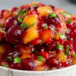 Spoonful of Healthy Peach Cherry Salsa with diced peaches, cherries, cilantro, and lime—sweet, juicy, and lightly spicy.