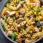High Protein BBQ Chicken Pasta Salad with rotini, grilled chicken, black beans, corn, cilantro, and creamy BBQ Greek yogurt dressing in a bowl.