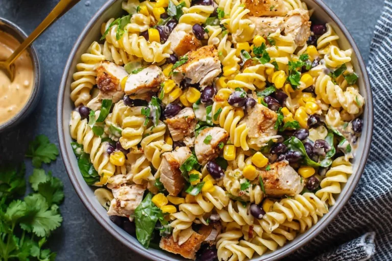 High Protein BBQ Chicken Pasta Salad with rotini, grilled chicken, black beans, corn, cilantro, and creamy BBQ Greek yogurt dressing in a bowl.