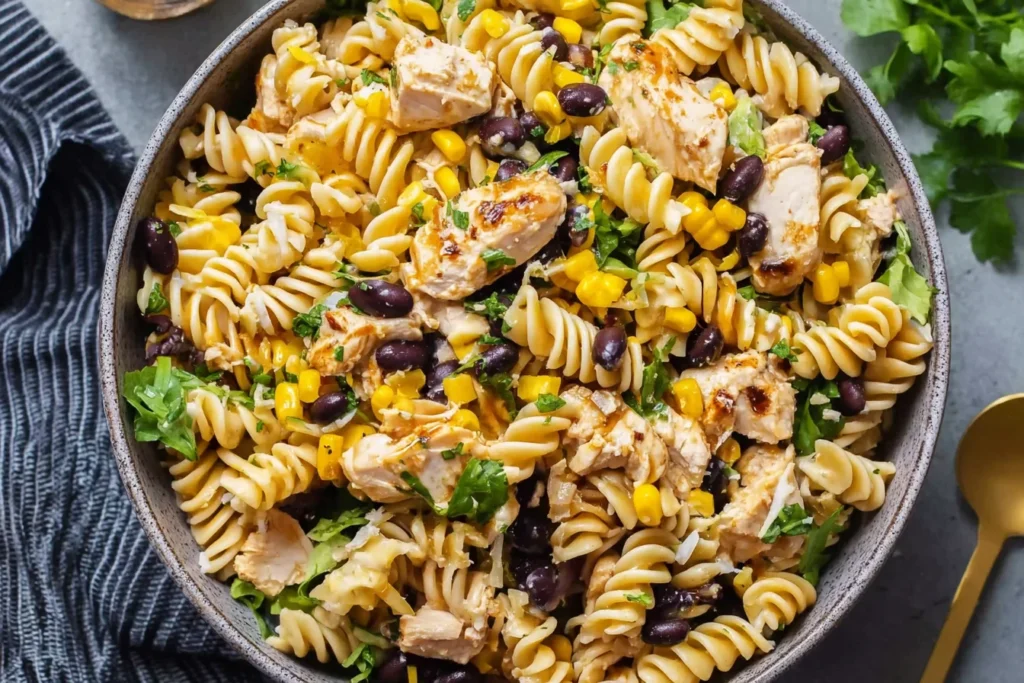 High Protein BBQ Chicken Pasta Salad packed with rotini, grilled chicken, black beans, corn, cilantro, and creamy BBQ yogurt dressing in a large bowl.